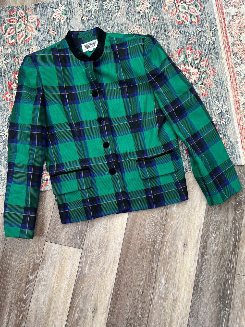 Vintage Morgan Miller green plaid blazer matching skirt set